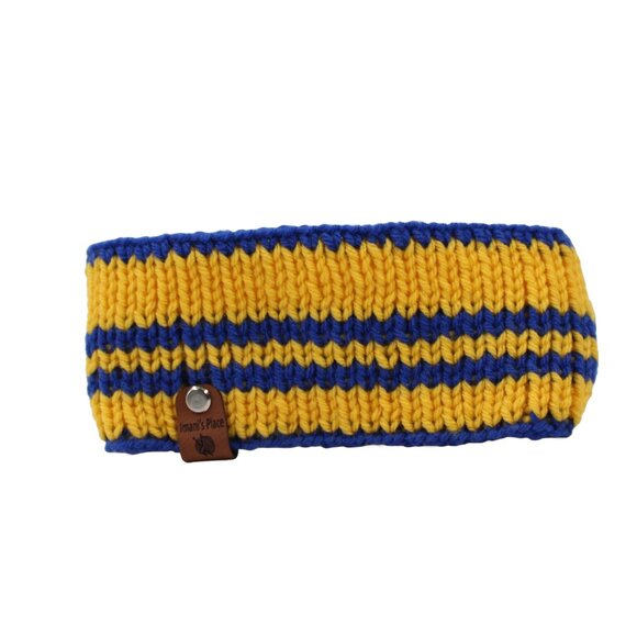 Handmade Hand Knit Striped Sunshine Yellow Royal Blue Acrylic Sporty Headband - Picture 2 of 4